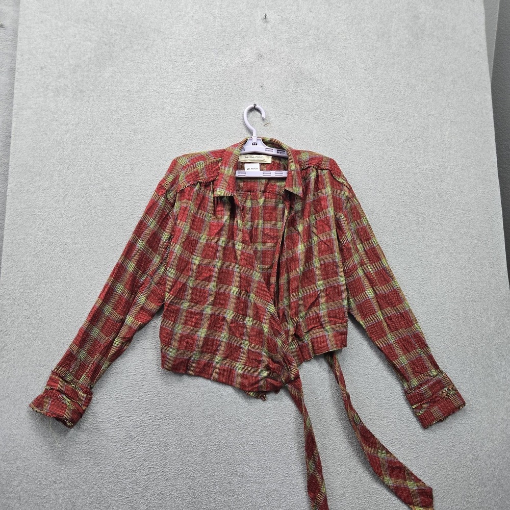 We The Free Women Blouse L Red Plaid Running Wild Wrap Cropped Long Sleeve